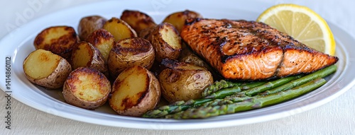 Obraz na płótnie Delicious grilled salmon fillet drizzled with cheddar cheese sauce served on asparagus and baby potatoes showcases culinary art. w salonie