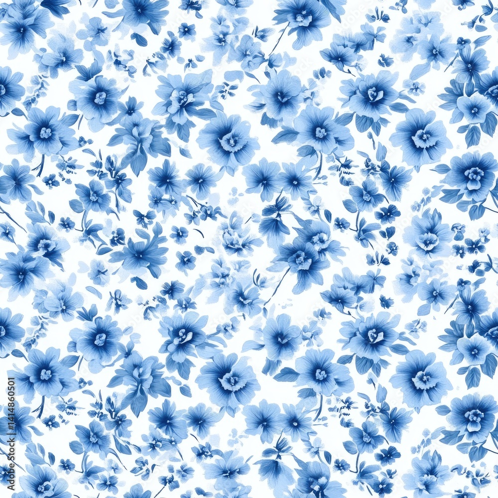 Small indigo-blue flowers contrast with soft white petals on vintage Japanese cotton fabric, adorned with elegant watercolor details SEAMLESS PATTERN