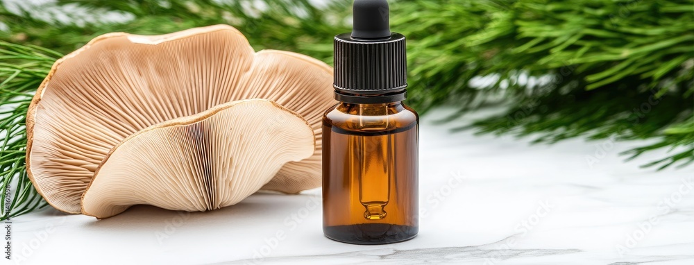 Amber dropper bottle containing mushroom oil placed beside two oyster mushrooms in a stylish New York City apartment.