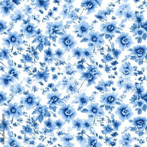 Obraz na płótnie Small indigo-blue flowers contrast with soft white petals on vintage Japanese cotton fabric, adorned with elegant watercolor details SEAMLESS PATTERN w salonie