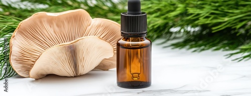 Obraz na płótnie Amber dropper bottle containing mushroom oil placed beside two oyster mushrooms in a stylish New York City apartment. w salonie