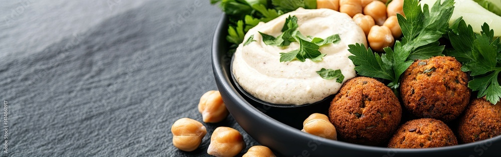 A bowl is filled with falafel balls drizzled in creamy sauce, chickpeas, and onion slices, all garnished with fresh herbs.