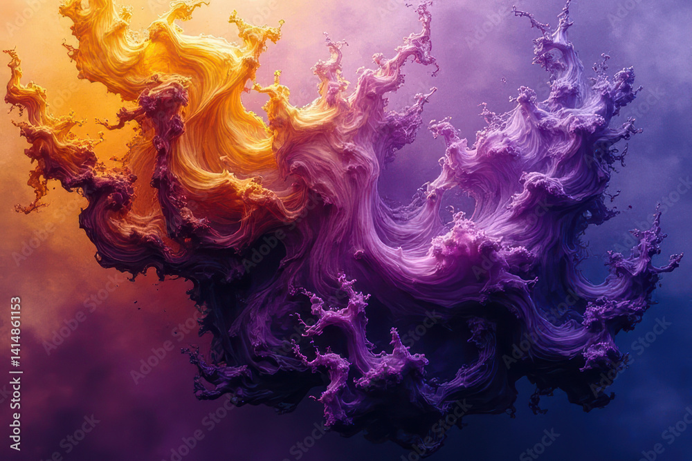 Fototapeta premium Mesmerizing Ink in Water: Gold & Tanzanite Dance in Dreamlike Abstract Photography