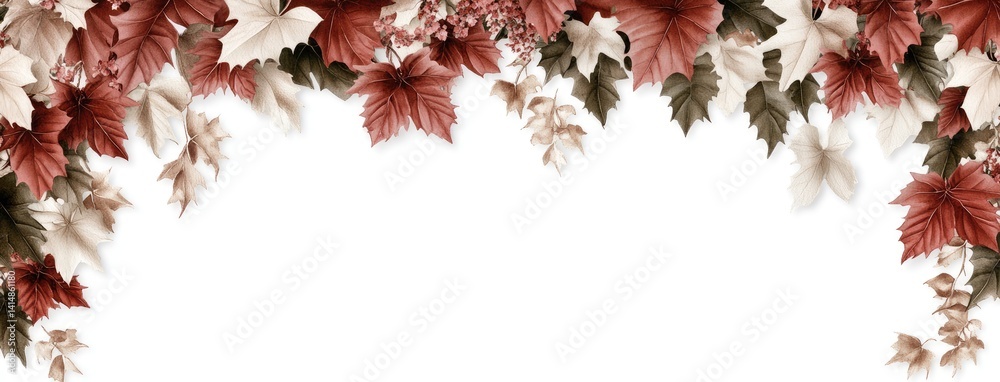 Delicate red and pink leaves cascade downward on a soft white backdrop, creating a calming and artistic ambiance