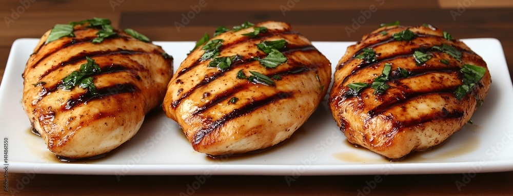 Savory grilled chicken drizzled with balsamic glaze, topped with fresh basil leaves and cherry tomatoes for a delightful presentation.