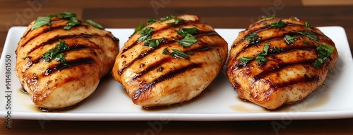 Obraz na płótnie Savory grilled chicken drizzled with balsamic glaze, topped with fresh basil leaves and cherry tomatoes for a delightful presentation. w salonie