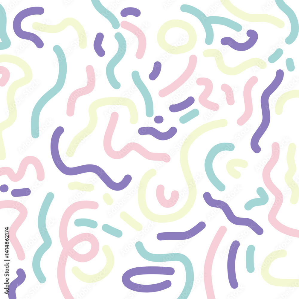 Abstract curvy and irregular shapes. Memphis curvy wave pattern with pastel colored decorative print, background design. Party confetti pattern with soft pastel colors. School kid dash line colored Abstract curvy and irregular shapes. Memphis curvy wave pattern with pastel colored decorative print, background design. Party confetti pattern with soft pastel colors. School kid dash line colored