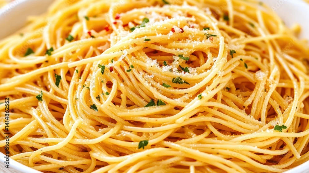 Delicious spaghetti dish with added seasonings and green herbs Delicious spaghetti dish with added seasonings and green herbs