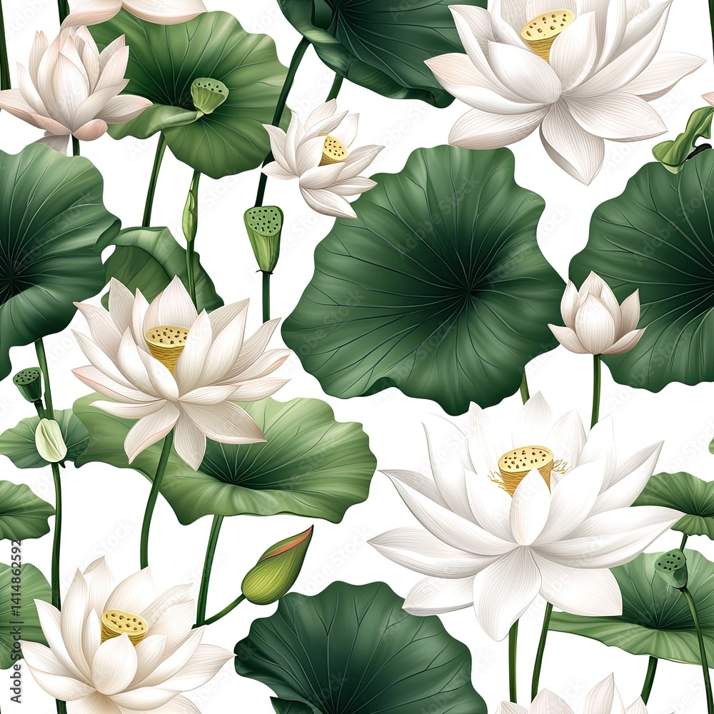 Vintage watercolor lotus flowers and leaves in soft pink, green, gray, and white create a seamless pattern on a white background. SEAMLESS PATTERN