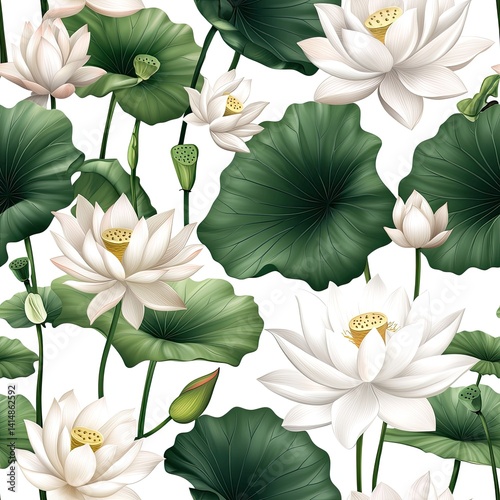 Obraz na płótnie Vintage watercolor lotus flowers and leaves in soft pink, green, gray, and white create a seamless pattern on a white background. SEAMLESS PATTERN w salonie