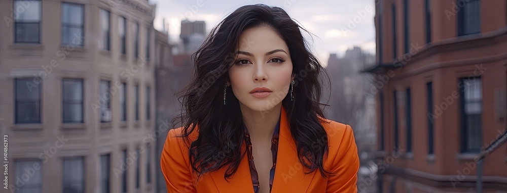 Asian female model adorns an orange suit while posed amid skyscrapers, with light rays enhancing the dynamic double exposure background