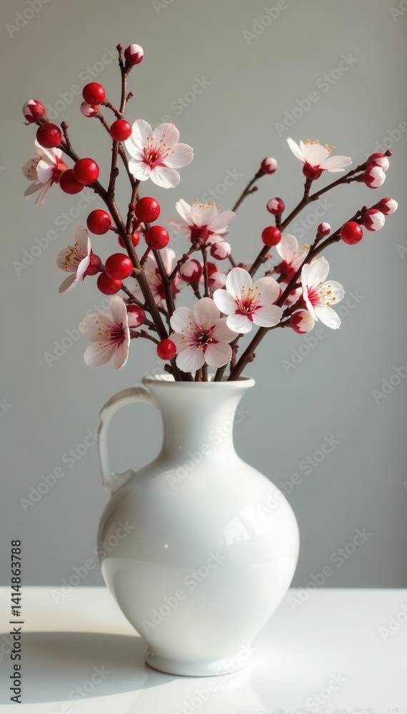 Elegant white vase, red berries, delicate white blossoms , download, decoration Elegant white vase, red berries, delicate white blossoms , download, decoration