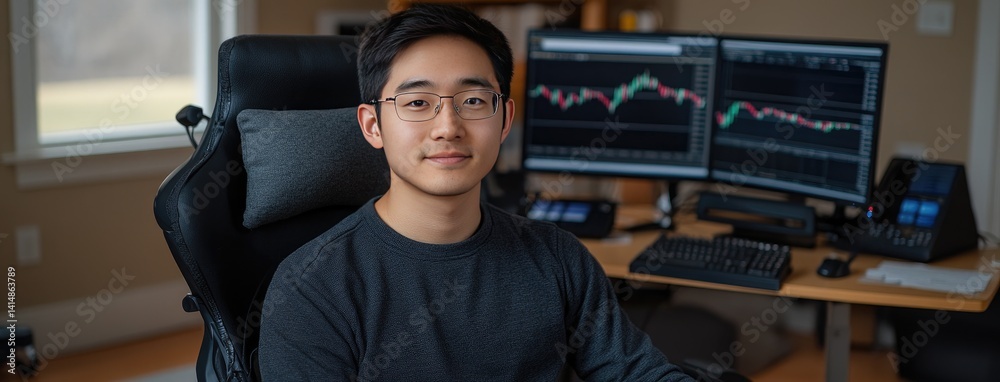 A young Asian man reviews financial charts and trading volume data on his computer in dark business attire during late night hours
