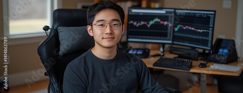 Obraz na płótnie A young Asian man reviews financial charts and trading volume data on his computer in dark business attire during late night hours w salonie