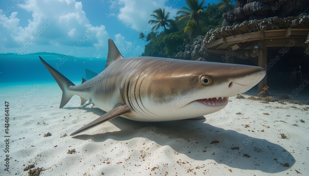 Fototapeta premium Tiger Shark Swimming in Clear Waters at Tiger Beach Bahamas