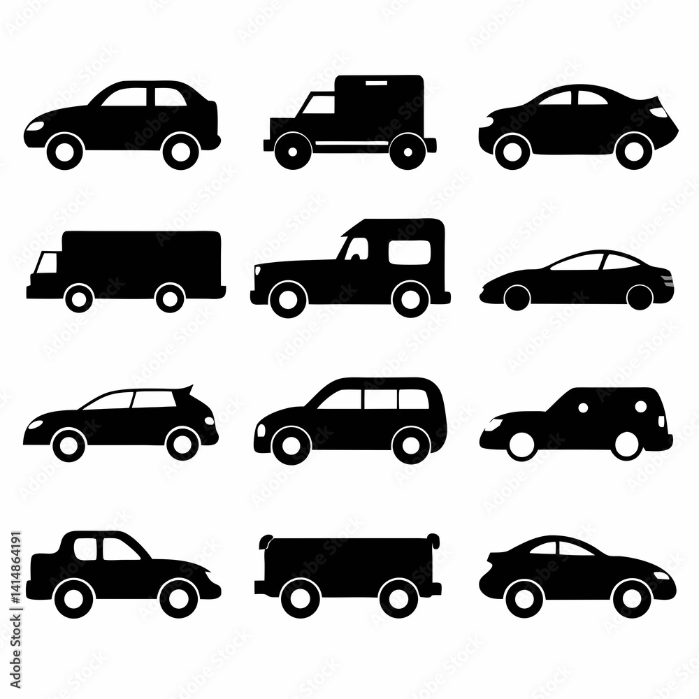 A collection of black silhouette car icons representing various vehicle types A collection of black silhouette car icons representing various vehicle types