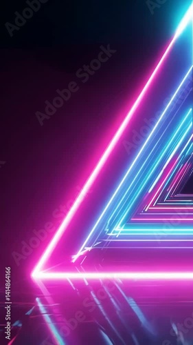 Dynamic neon triangular tunnel with pulsating blue and pink light beams. Vibrant geometric shapes shift and glow against dark background, creating futuristic aesthetic movement.