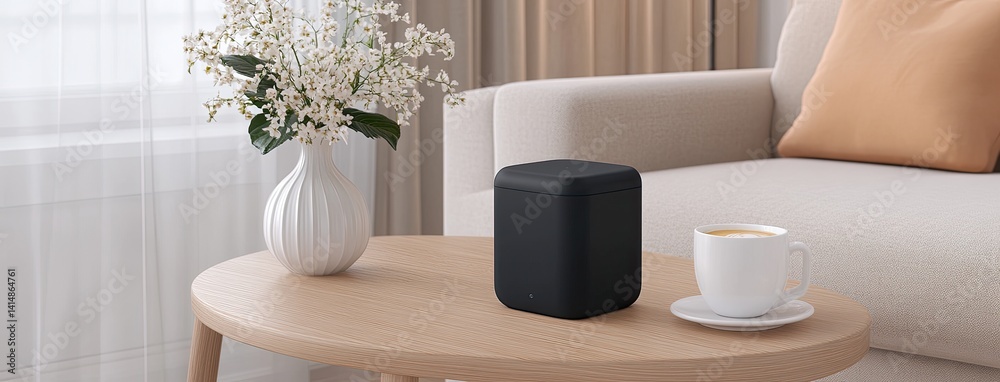 A woman focuses on her computer while an all-black cube rests next to a coffee mug in a bright, stylish workspace