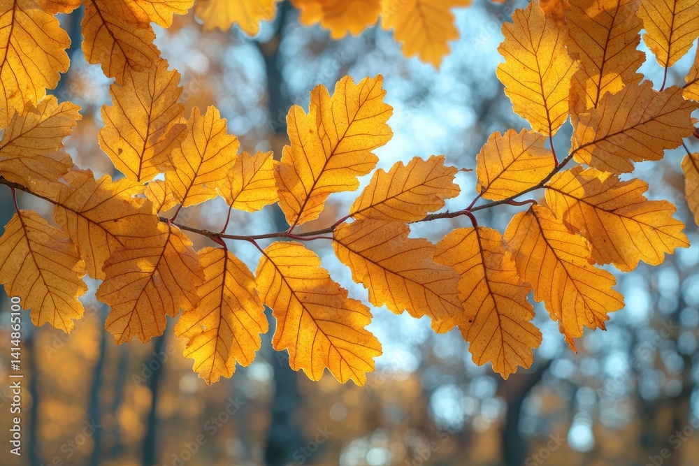 Fototapeta premium Golden leaves on a branch in autumnal lighting conditions