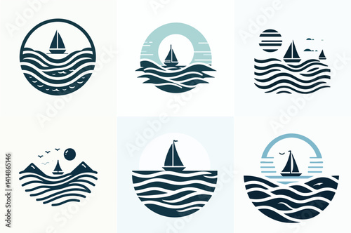 Sailboat Icons and Design Elements on Waves