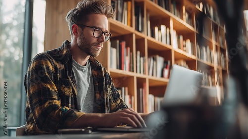 Focused Young Professional Working on Laptop in Home Library Office