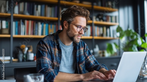 Dedicated Professional Evaluating Content on Laptop at Home with Greenery Backdrop