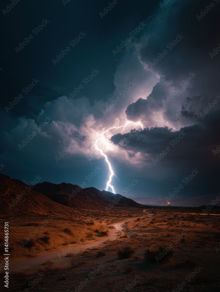 Fototapeta premium Dramatic lightning strikes over desert landscape with winding path and moody sky creating a powerful nature scene