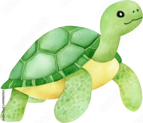 Adorable Green Sea Turtle Watercolor Illustration Perfect for Children's Books and Designs