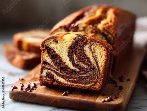 Delicious marble cake slice on wooden board with chocolate chips in soft light bakery food photography