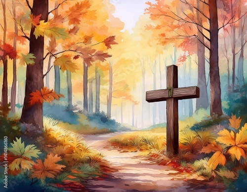 A rustic wooden cross leaning near a forest path, where watercolor leaves in autumn tones drift through the stillness.
