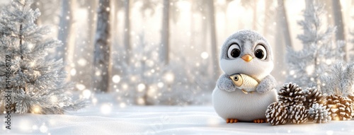 Fluffy baby penguin stands on ice with an orange fish, surrounded by fresh snow and soft lighting creating a warm atmosphere