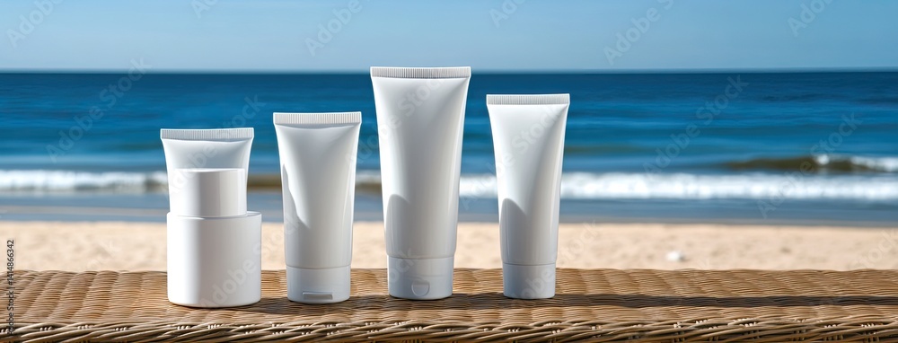 Four white body lotion tubes sit on a table, overlooking the calm beach and clear sea on a sunny day