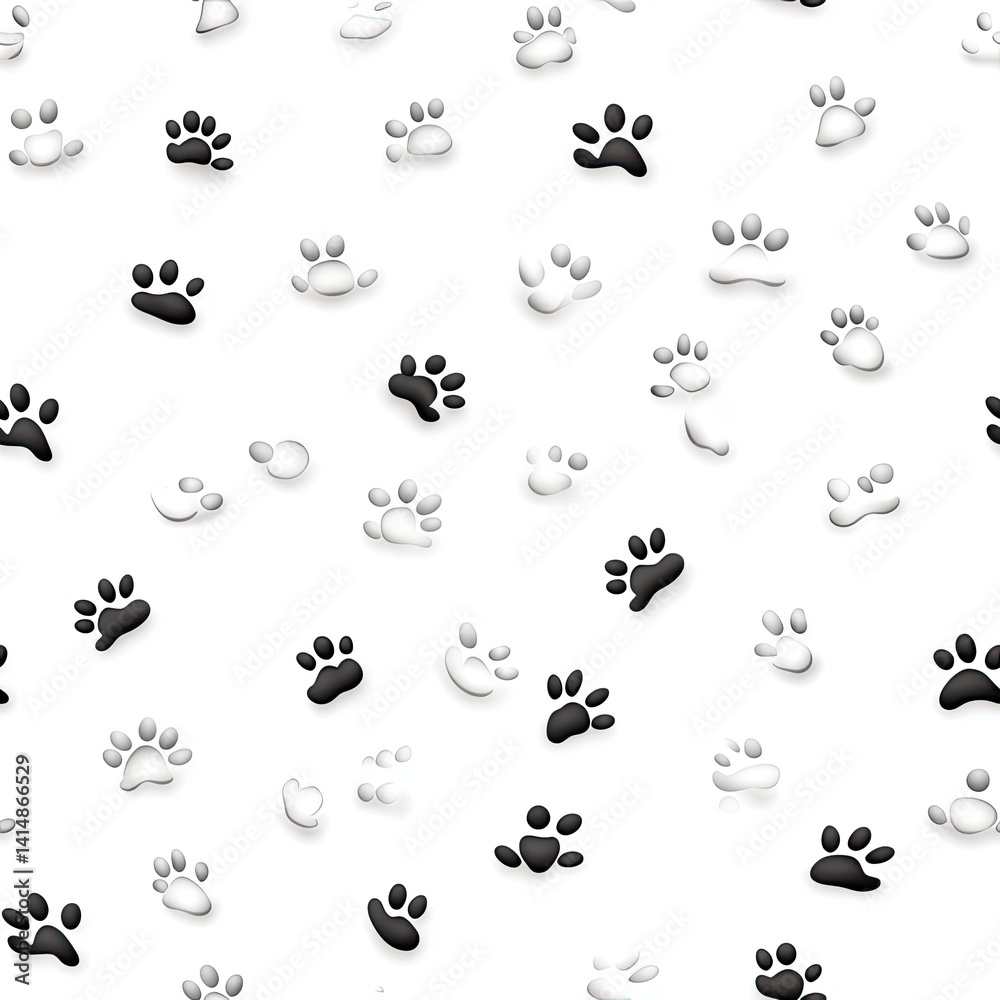 This design features a seamless arrangement of black cat paw prints scattered across a clean white surface, showcasing high detail SEAMLESS PATTERN