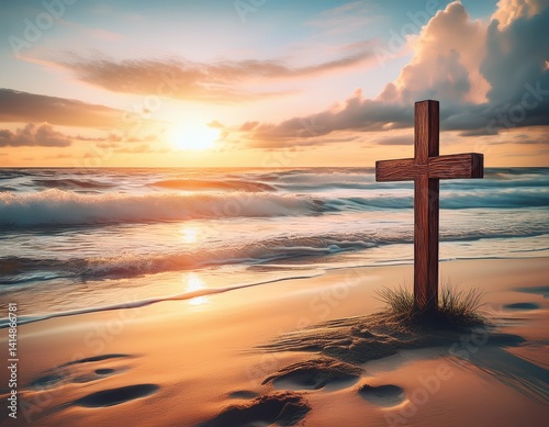 A simple wooden cross on a sandy beach, waves washing nearby, with watercolor skies glowing in the warm light of sunset.