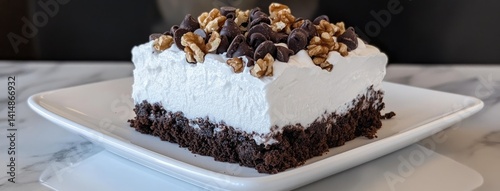 Delicious chocolate mousse layered dessert topped with melted fudge, chocolate chips, and walnuts on a pristine white plate