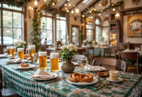 Bavarian Beer Garden Feast: Rustic Table Setting with Pretzels and Beer