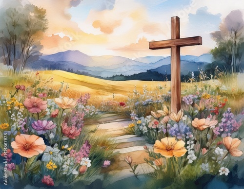 An open field in bloom, with wildflowers painted in delicate watercolor, and a wooden cross rising in the center as a quiet anchor of hope.