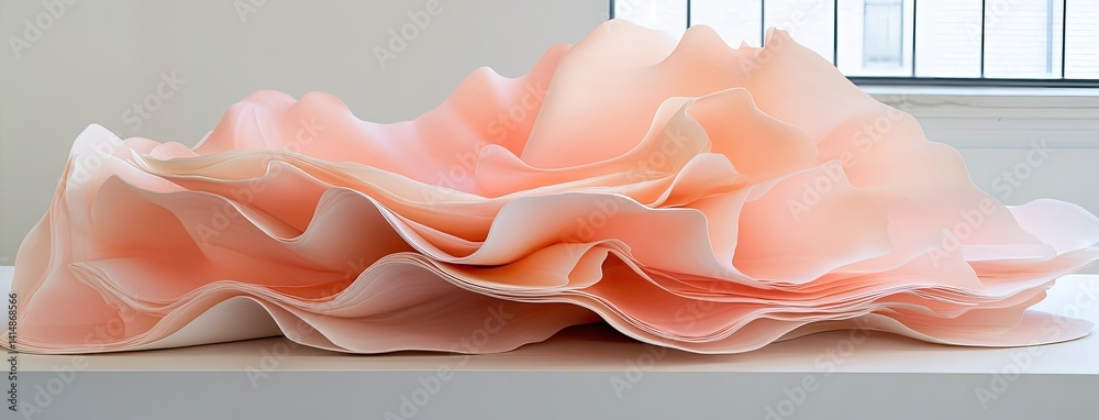 A large sculpture resembling coral or sea anemones is placed on a table, bathed in natural light that casts delicate shadows.