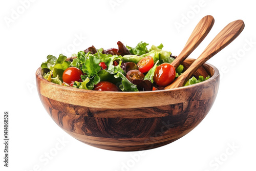 Fresh salad in rustic wooden bowl with olive wood serving spoons against a black background Vibrant greens juicy tomatoes and a on transparent background