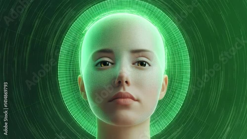 A woman's face is shown in a green circle with a lot of detail. Concept of technology and artificial intelligence, as the woman's face is made up of computer-generated pixels