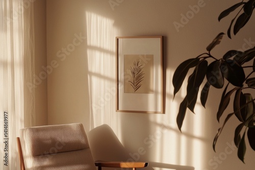 Obraz na płótnie Minimalist Poster Frame Mockup in Aesthetic Interior with Sunlight w salonie