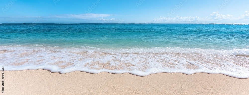 Soft waves kiss the white sandy shore as a hand gently holds grains of sand, embodying tranquility and natural beauty