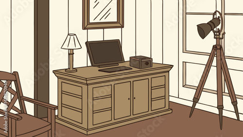 Stylish wooden desk with computer, lamp, and decorative items in cozy room, creating warm and inviting atmosphere. Clean background, copy space for commercial use