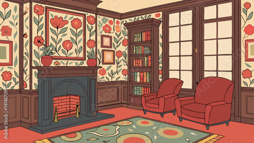 Cozy living room featuring floral wallpaper, fireplace, and two red armchairs, creating warm and inviting atmosphere, copy space for commercial use