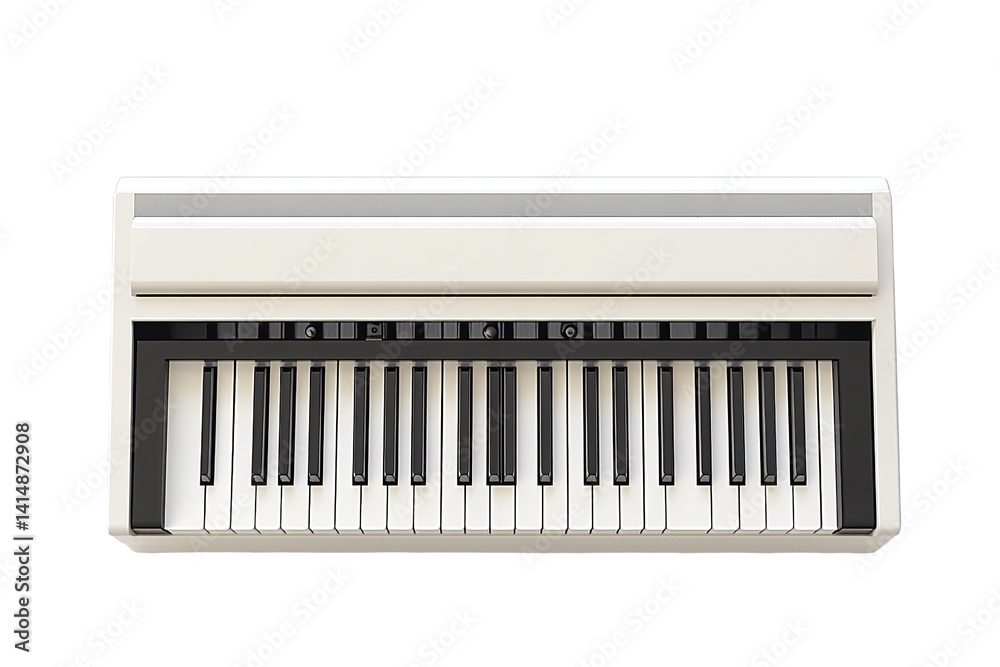 A bright cream colored keyboard with black keys and white keys. Overhead perspective A bright cream colored keyboard with black keys and white keys. Overhead perspective