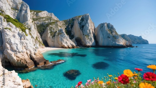 Idyllic Turquoise Bay With Limestone Cliffs and Colorful Wildflowers