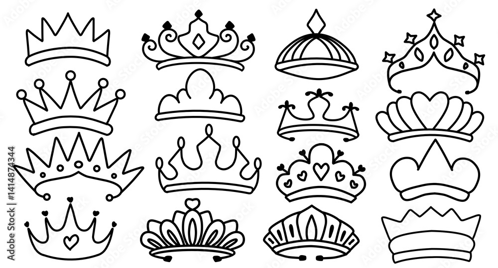 Set of crowns vector with minimalist line hand-drawn for king and queen. Set of crowns vector with minimalist line hand-drawn for king and queen.