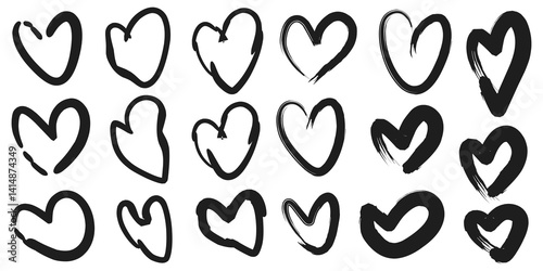 Vector illustration of heart symbol collection, brush stroke love shaped elements.