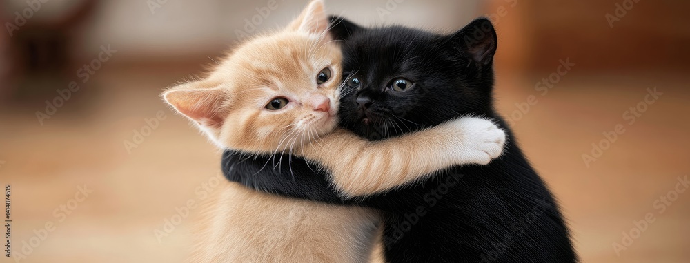 Two fluffy kittens with gray and black fur embrace joyfully, radiating happiness in a playful atmosphere captured in soft light