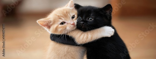 Obraz na płótnie Two fluffy kittens with gray and black fur embrace joyfully, radiating happiness in a playful atmosphere captured in soft light w salonie